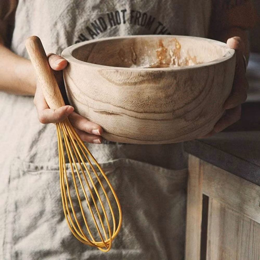 Pawnora Yellow Silicone Whisk with Non-Scratch Wooden Handle, Length: 30.48 cm – 3