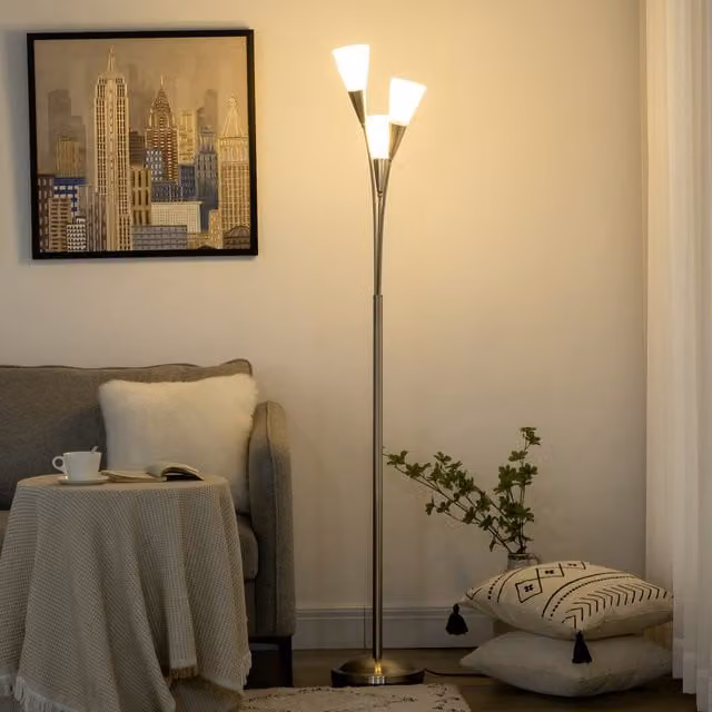 HOMCOM Modern 3-Light Floor Lamp in Silver and White – 1