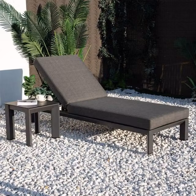 Mimo 2 Pack Grey Powder Coated Aluminium Sun Loungers with Side Table and Castors – 1