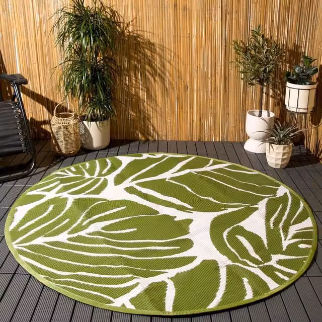 OHS Round Green Geometric Boho Outdoor Rug for Garden and Terrace