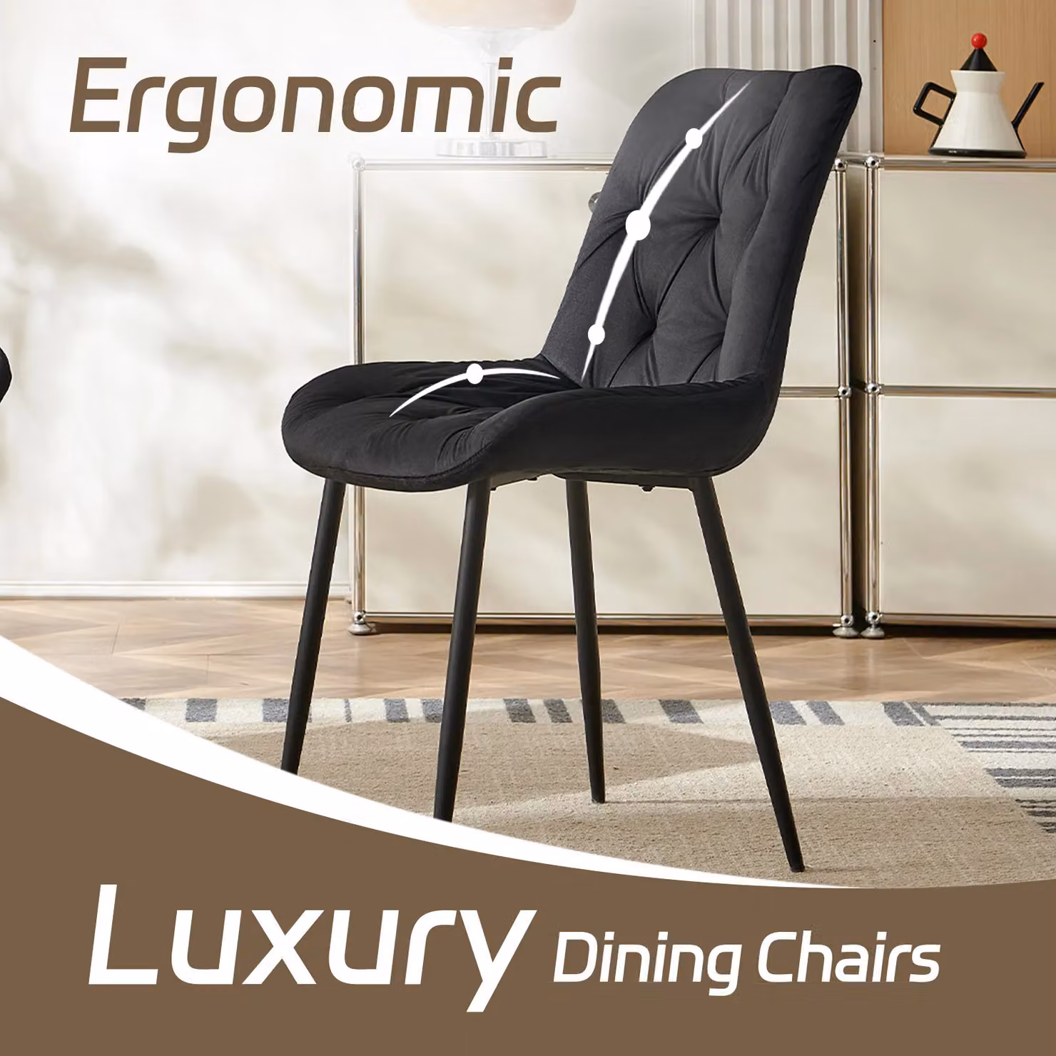 SONARA Modern Set of 4 Black Velvet Dining Chairs with Ergonomic Upholstered Seats and Metal Legs – 5