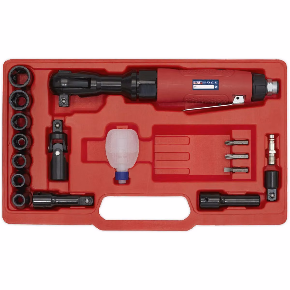 Loops Air Ratchet Wrench Kit with 1/2 inch Sq Drive and WallDrive Impact Sockets in Red and Multicolour – 3