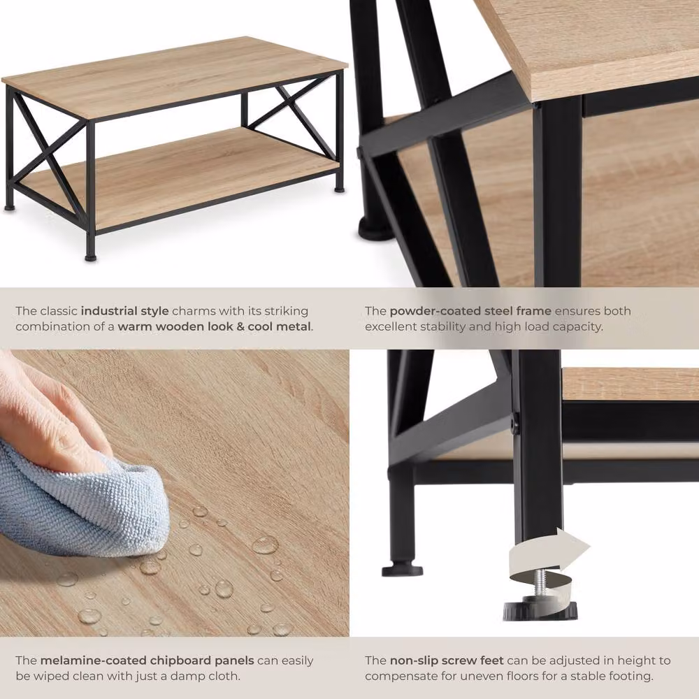 tectake Pittsburgh Rectangular Coffee Table with Storage Shelf in Light Oak and Grey – 4