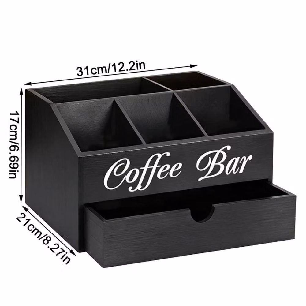 EONLION 2 Tier 5 Compartment Wooden Coffee Accessories Storage Caddy Organizer, Black – 2