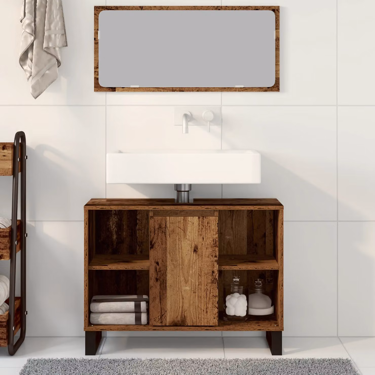 Berkfield Home Rustic Brown Freestanding Bathroom Vanity Unit with Hinged Doors and Open Shelf – 3