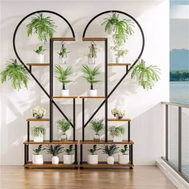 NESTLUNE Large Heart Shaped Plant Stand Multiple Planter Rack in Black