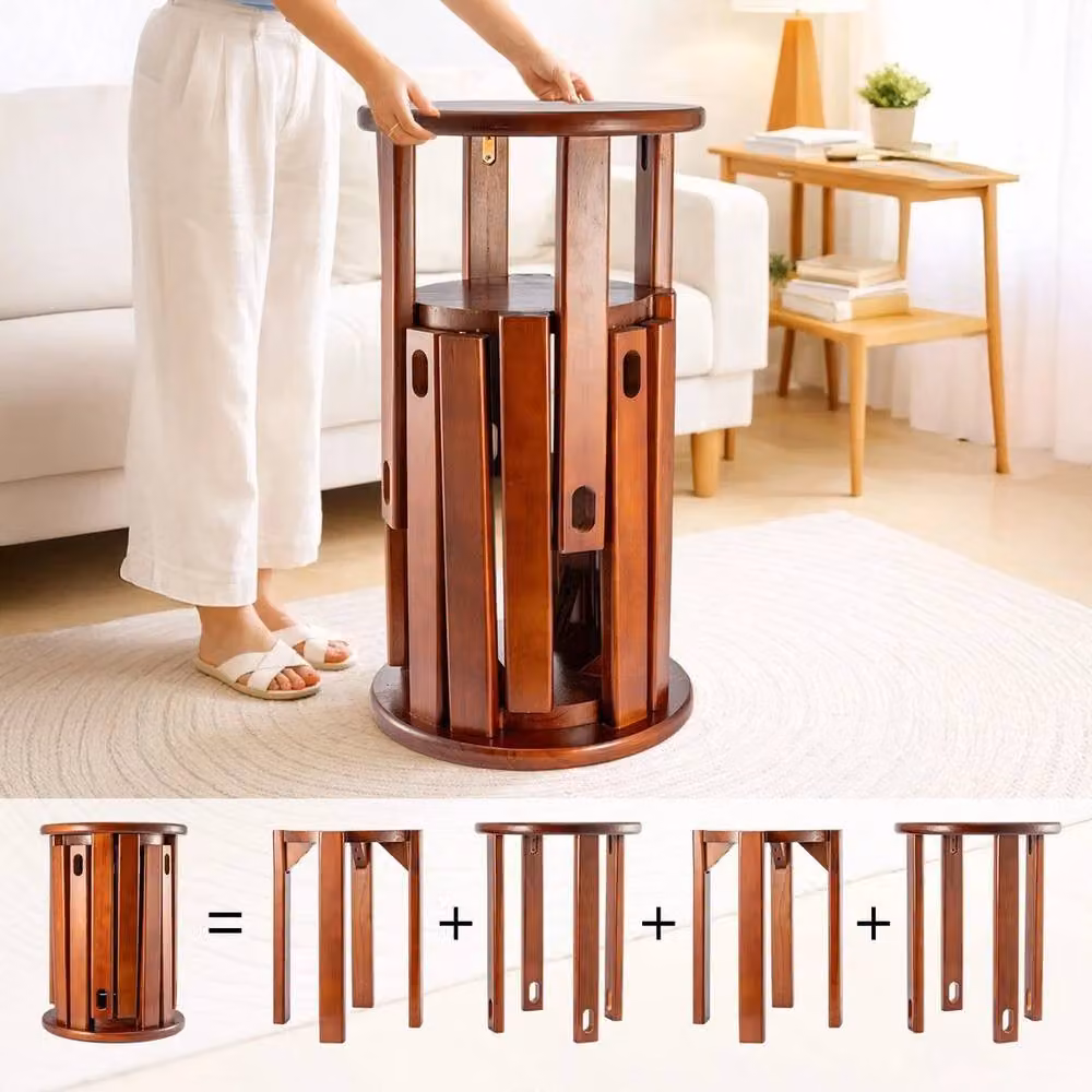 FORGEVIO Set of 4 Stackable Round Nesting Stools in Brown Solid Wood – 3