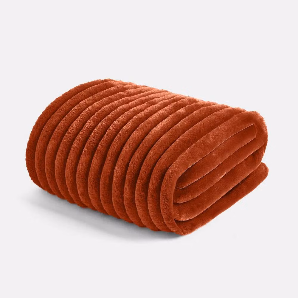 OHS Ribbed Faux Fur Fleece Throw Blanket in Burnt Orange, W: 150 cm, L: 200 cm – 2