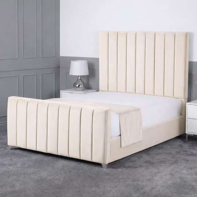 Living Comfort Bedz Empress Plush Velvet Upholstered Bed with Slatted Base and 48 Inch Headboard in Beige, Single Size