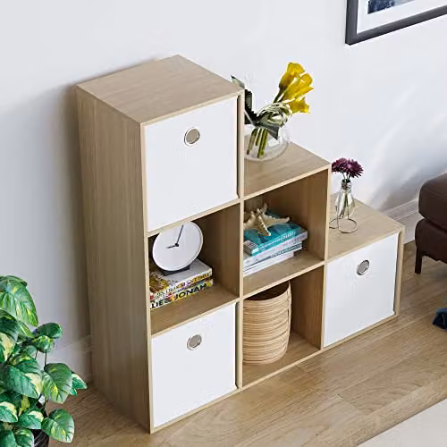 Vida Designs Durham 6 Cube Staircase Storage Unit with 3 White Baskets in Oak – 4