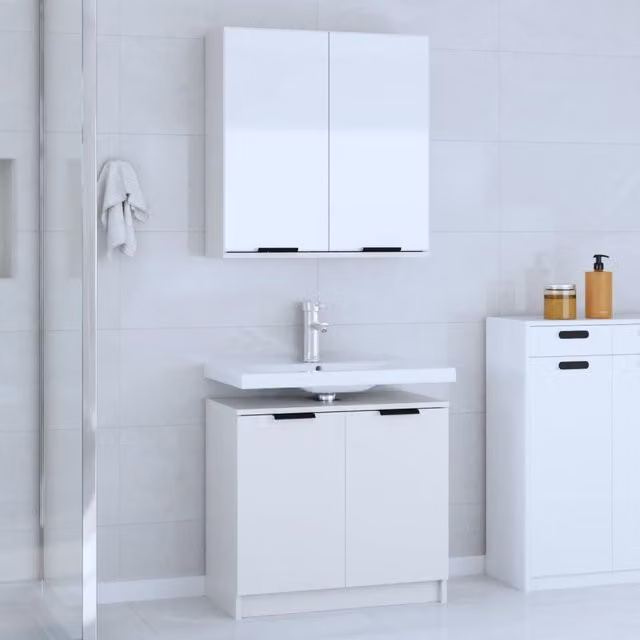 Berkfield Home 2 Piece Modern White Matt Wall Mounted Bathroom Cabinet Set with Hinged Doors and Internal Shelves