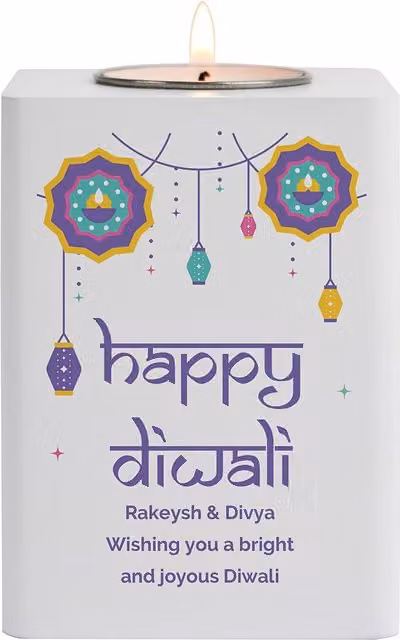Personalised Memento Company Personalised Diwali Wooden Tealight Holder in White