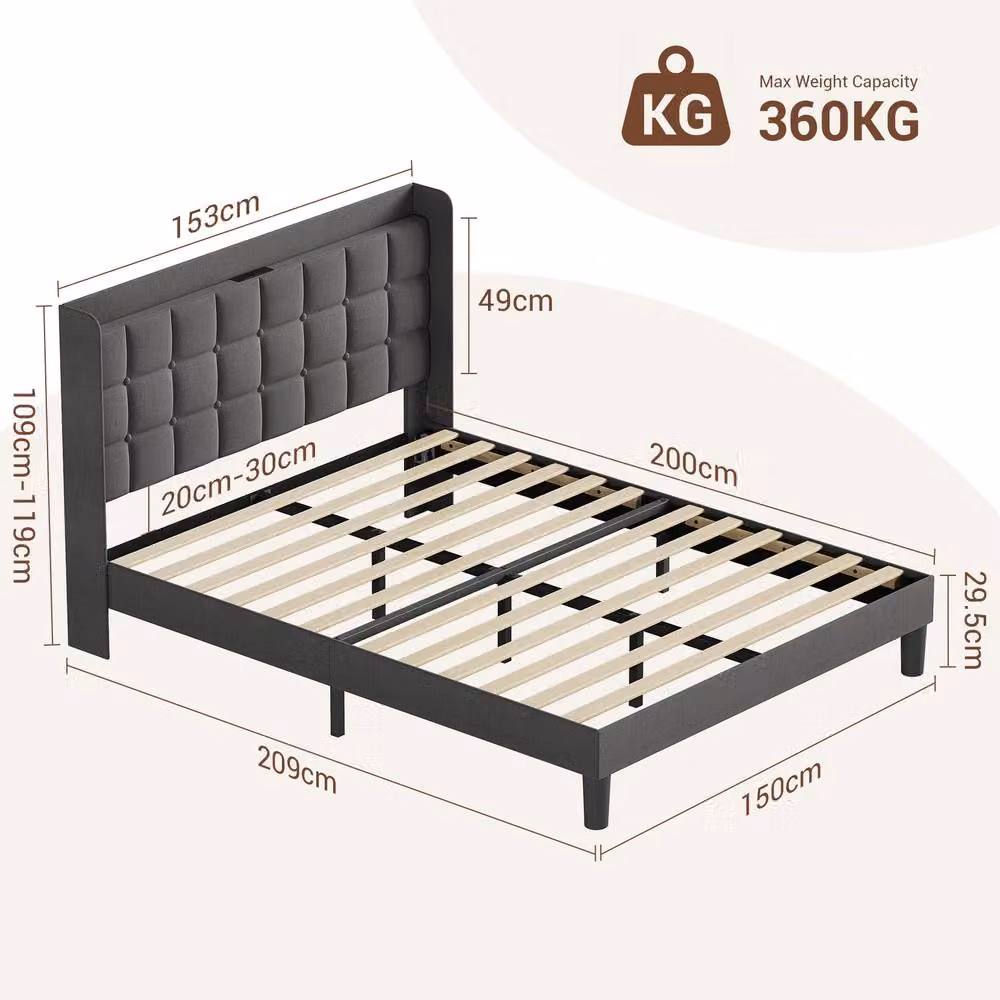 Dprodo Grey Linen Upholstered Bed Frame with Tufted Headboard, USB Charging Port and Bedside Shelf, W/D/H: 90 x 200 cm – 3