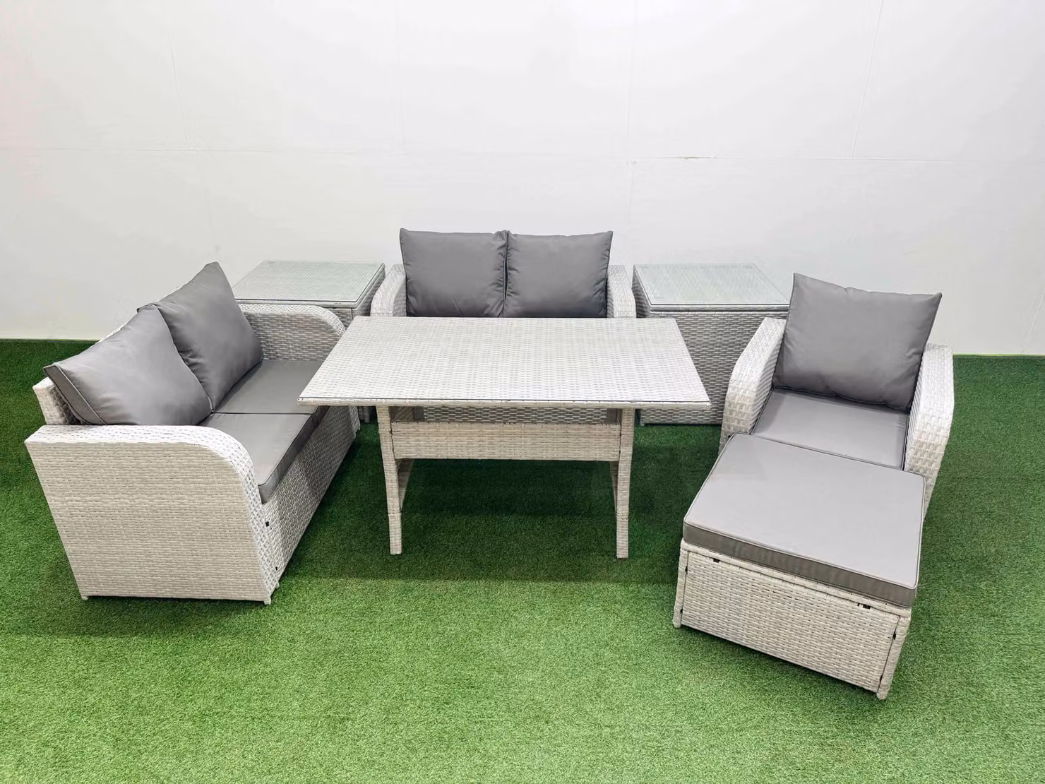 Fimous Grey Poly Rattan Garden Furniture Set with Reclining Chair, Loveseat Sofa, Rectangular Dining Table and Stools