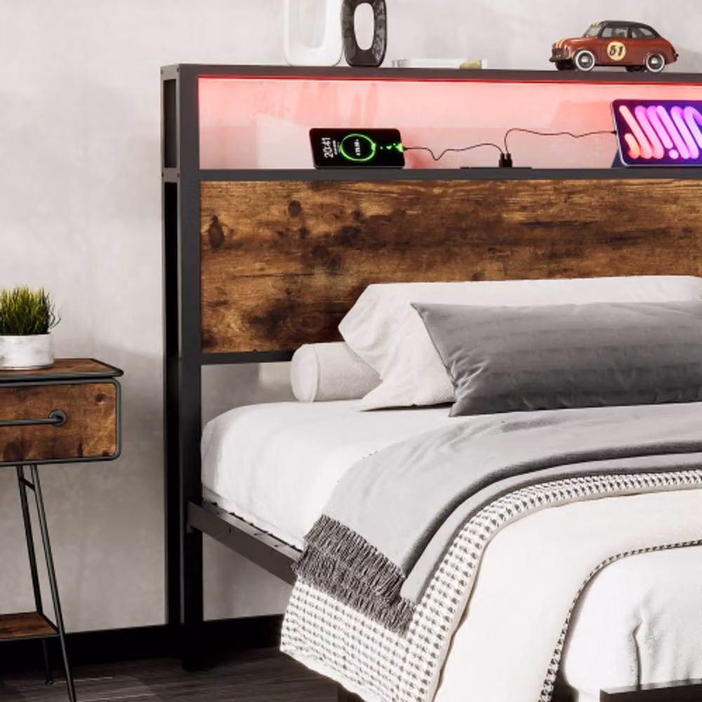 BTM Metal Bed with LED Under-Bed Lighting, USB Charging Ports and Storage Drawers in Walnut and Black, W/D/H: 140 x 200 cm – 5