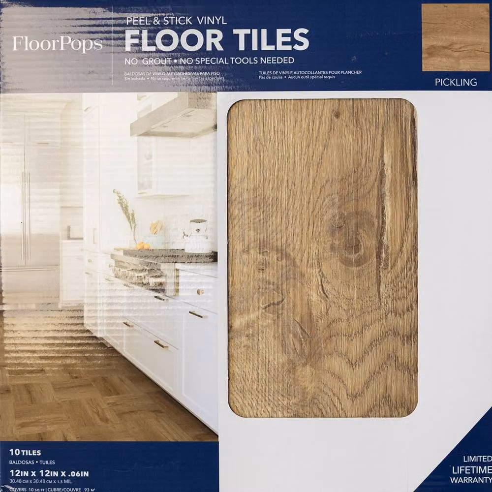 FloorPops Pickling Oak Self Adhesive Wood Look Vinyl Floor Tiles, Brown, Pack of 10 (0.93sqm), W/D/H: 30.48 x 30.48 x 30.48 cm – 2