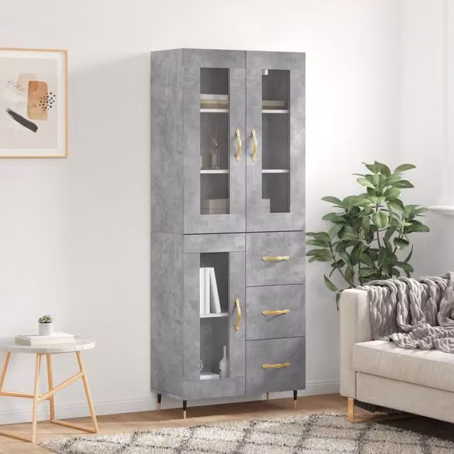 Berkfield Home Modern Highboard in Concrete Grey with Glass Doors, W: 69.5 cm, D: 34 cm, H: 180 cm