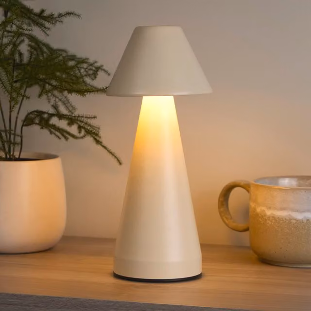 Lighting Collection Rechargeable Cone LED Table Lamp in Beige and White