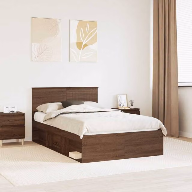 Berkfield Home Modern Bed Frame with Headboard in Brown Oak and Solid Pine Wood, W/D/H: 120 x 200 cm