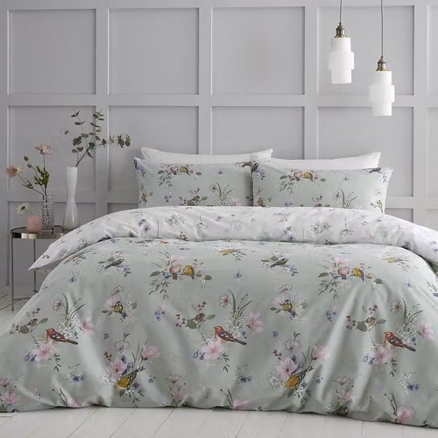 Catherine Lansfield Songbird Floral Duvet Cover Bedding Set in Green
