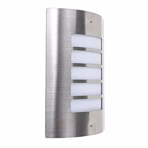 MiniSun Modern Stainless Steel Curved Wall Mounted Outdoor Security Light in Silver with White Frosted Opal Lens, Includes 10W Warm White LED Bulb – 1