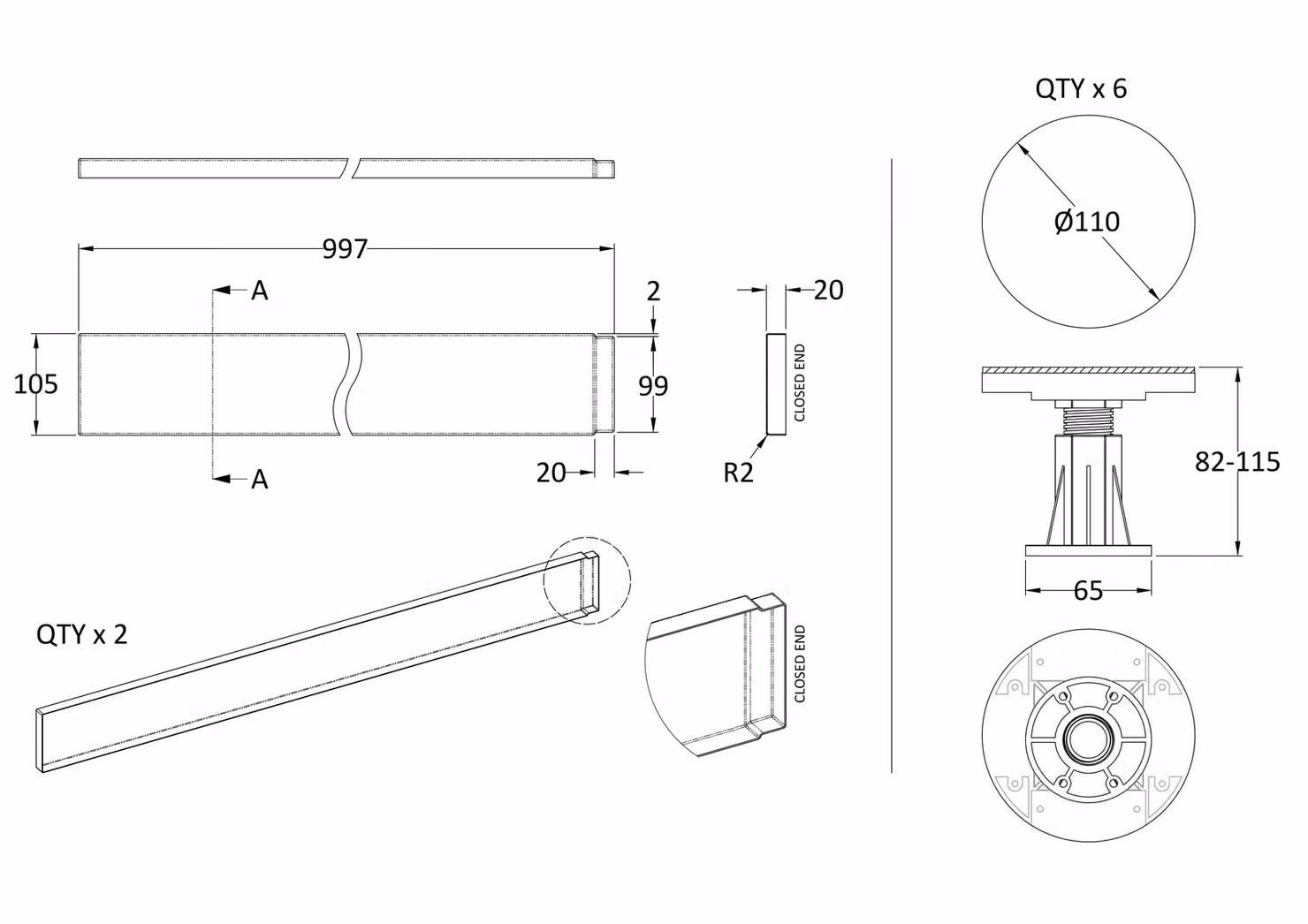 Balterley Grey Shower Tray Leg Set for 700mm and 900mm Square or Rectangular Resin Trays – 2