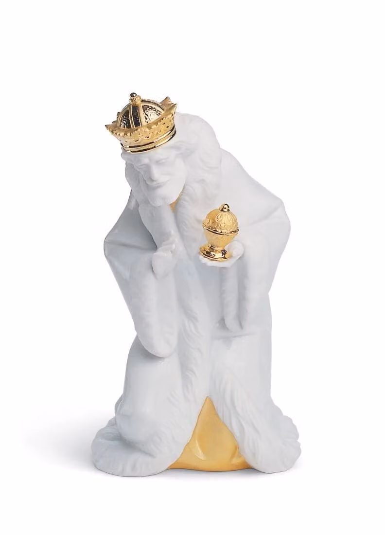 Lladró King Melchior Nativity Porcelain Figurine in Gold and White