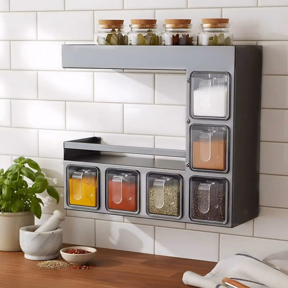 Pawnora Wall Seasoning Spice Box in Grey with 3 Tiers and 6 Jars – 4