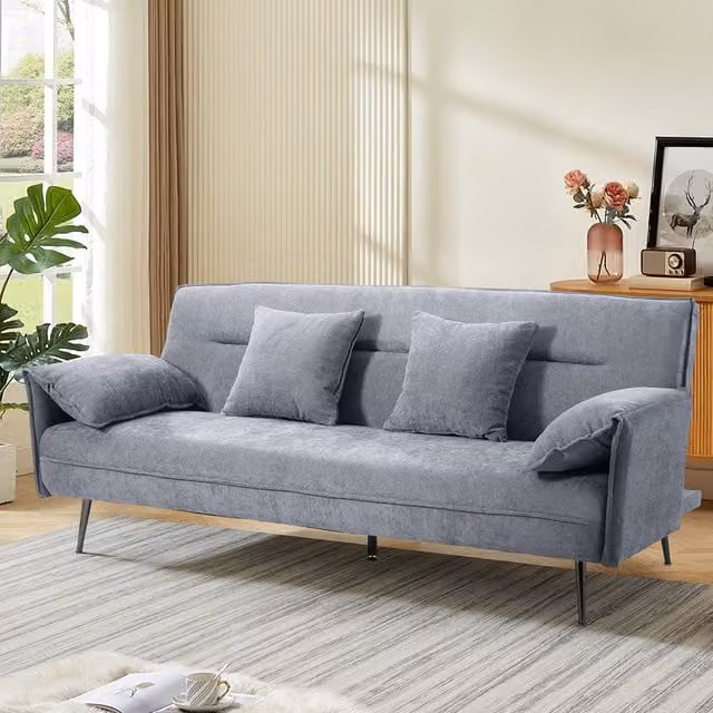 Livingandhome 3 Seater Contemporary Convertible Fabric Sofa Bed with 2 Pillows in Grey and Black