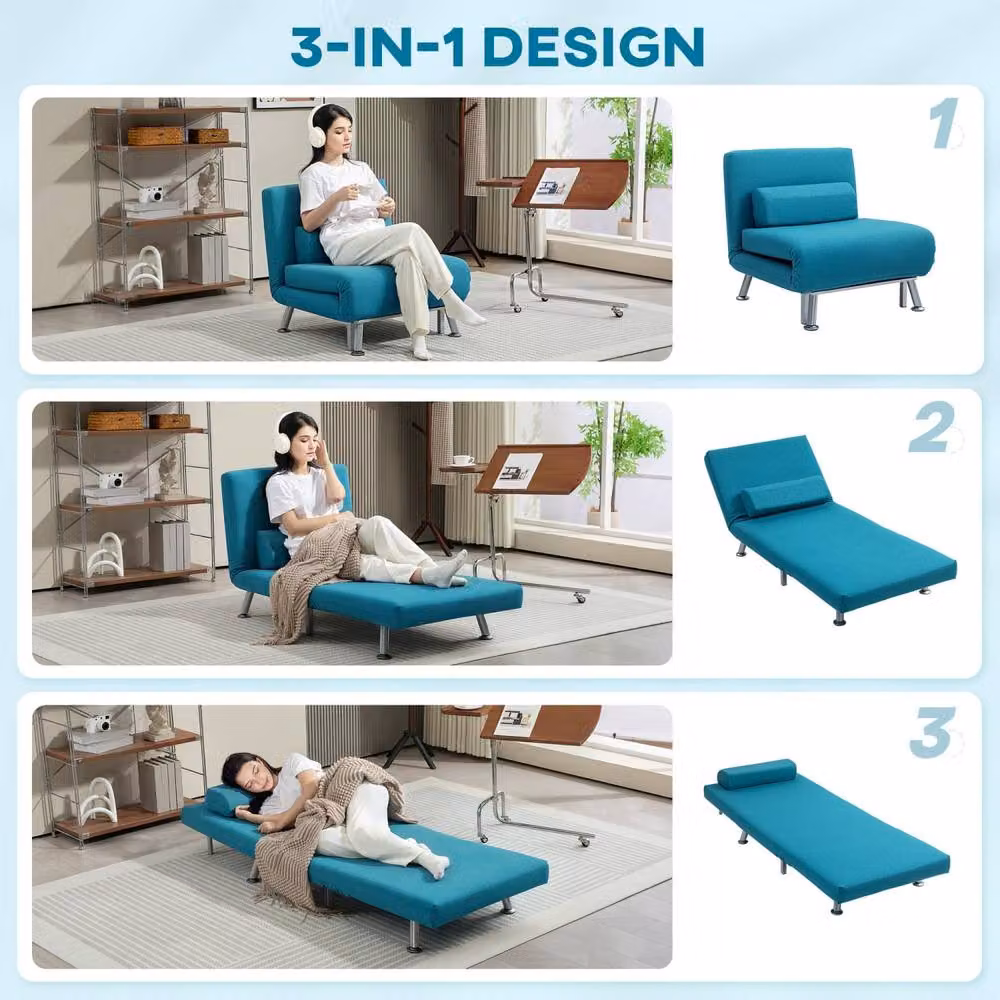 Wyld Haus Rekele Single Sleeper Chair in Petrol Blue with Metal Frame and Armrests – 4