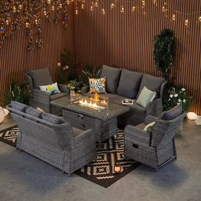 Furniture One Grey Rattan Garden Furniture Set with Fire Pit Table, 2 Recliner Chairs and 2 3-Seater Sofas