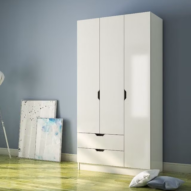 EVUHOME Bergen White Scandinavian Wardrobe with 3 Doors and 2 Integrated Drawers, H 180 x W 90 x D 45 cm