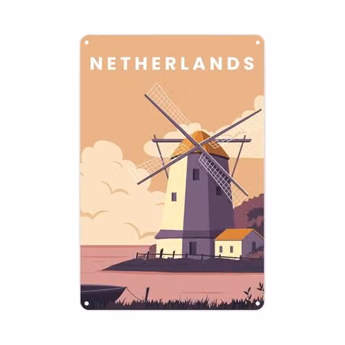 Purely Home Netherlands Windmill Metal Wall Sign, Multicolour Retro Illustration, W: 28 cm, H: 20 cm – 1