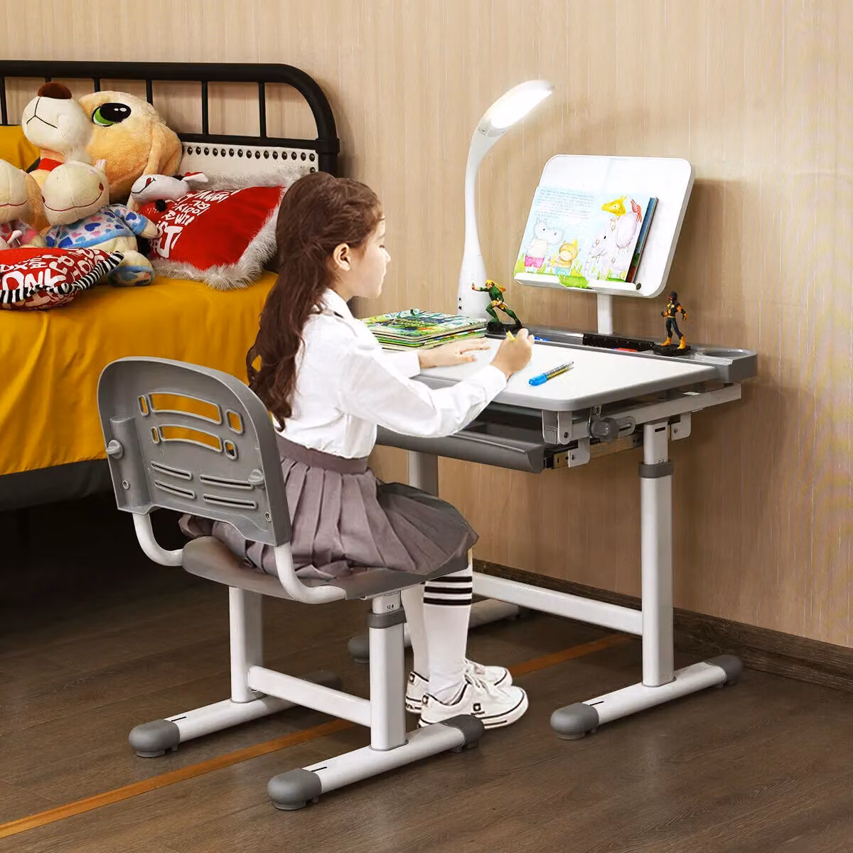 Gymax Height-Adjustable Study Desk and Chair Set in Grey – 2