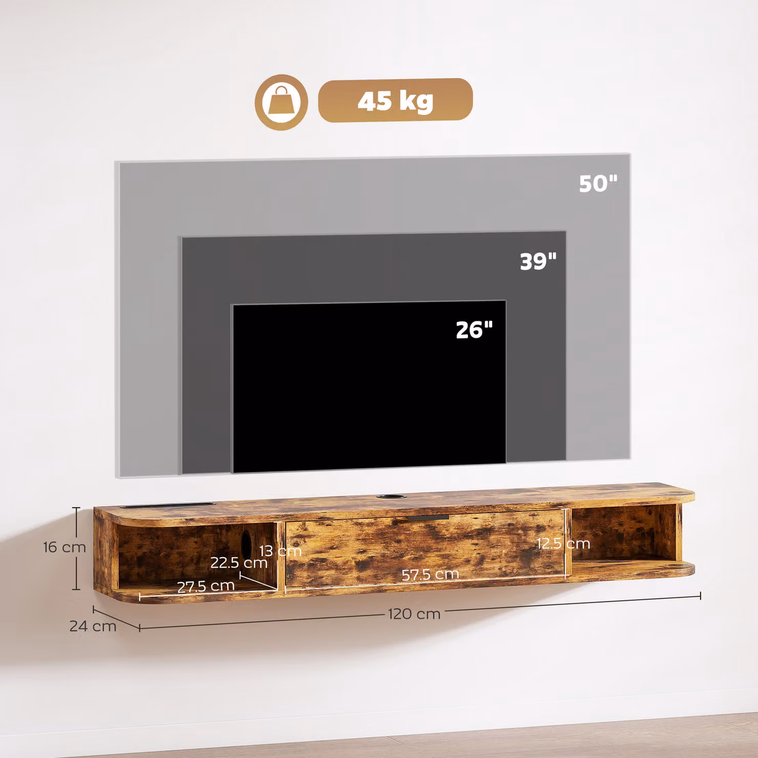 HOMCOM Rustic Brown Floating TV Unit for TVs up to 50 Inch, Width: 120 cm – 3