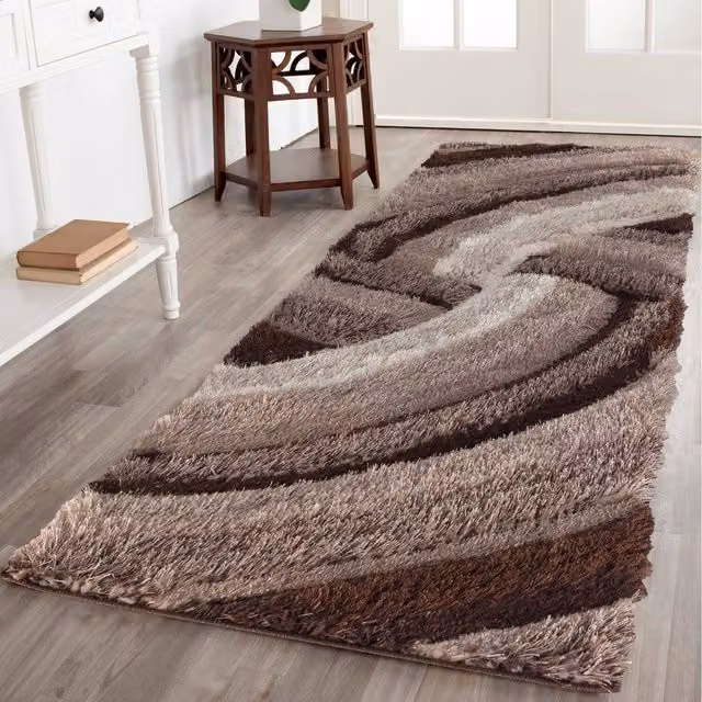 Desire Rugs Modern Soft Swirl Shimmer Shaggy Runner in Bronze and Brown, W: 60 cm, L: 220 cm