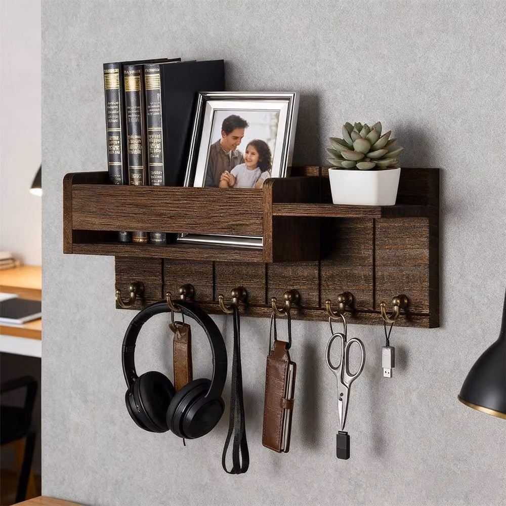 EONLION Brown Wood Wall Mounted Key Holder and Organiser Rack with Shelf – 4