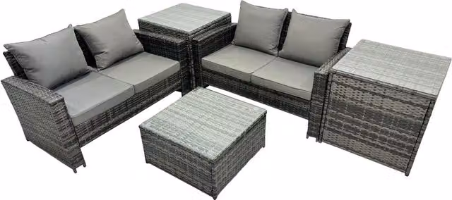 Fimous PE Rattan Patio Set with 2x 2-Seater Sofas, Coffee Table and 2 Side Tables in Dark Grey
