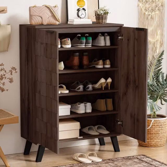 Aosom UK Modern Brown Wood Shoe Cabinet with Soft-Closing Hinged Doors and Adjustable Shelves, W: 80 cm, D: 35 cm, H: 110 cm – 1