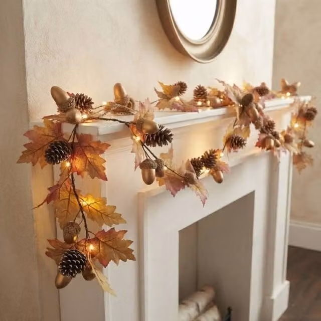 Garden Greatness Autumnal LED Garland with Acorn, Maple Leaf and Pinecone Decorations in Brown and Multicolour, Warm White Lights, Length: 2 m