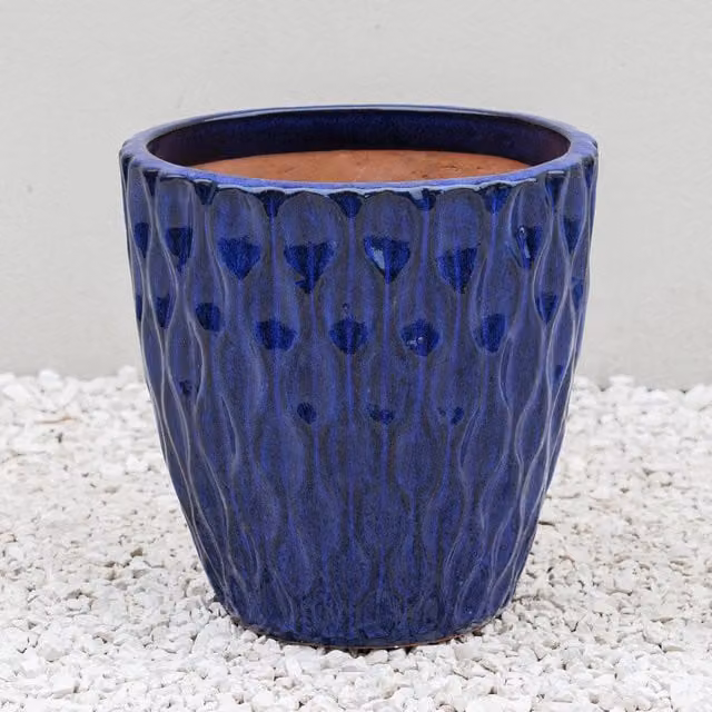Primrose Tapered Round Petal Effect Glazed Clay Garden Planter, Blue, Diameter: 48 cm, Volume: 80 l