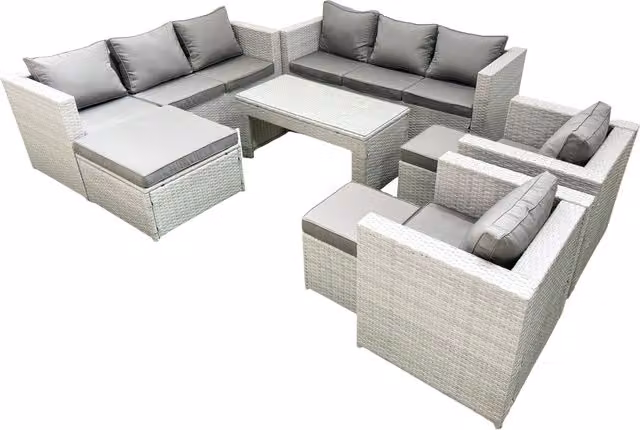 Fimous Rattan Outdoor Garden Furniture Set in Light Grey with 3 Seater Sofa, 2 Armchairs, Oblong Coffee Table and 3 Footstools