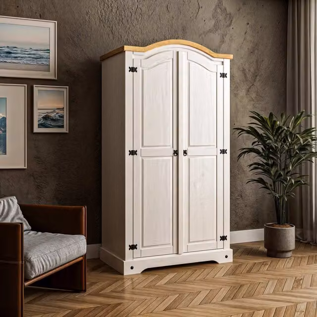 Mews White 2 Door Pine Wardrobe with Internal Shelves and Hanging Rod, H 188 x W 102 x D 56 cm