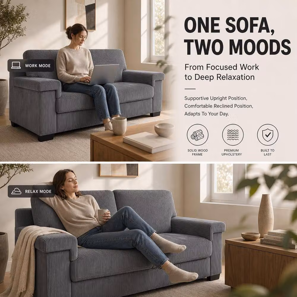 Bravich LTD Enzo Jumbo Corduroy Sofa in Grey with Adjustable Headrests and Removable Covers – 3