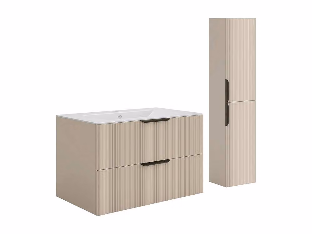 Vente-unique Modern Fluted Wall-Hung Bathroom Vanity Unit with Inset Basin and Tall Cabinet in Beige and White – 2
