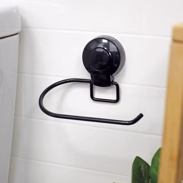 Showerdrape Suctionloc Black Steel Suction Wall Mounted Toilet Roll Holder with Mounting Disc – 1