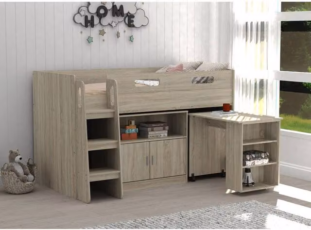 Kidsaw Mid Sleeper Bed Frame with Stairs and Side Compartments, Oak, W/D/H: 190 x 90 x 120 cm