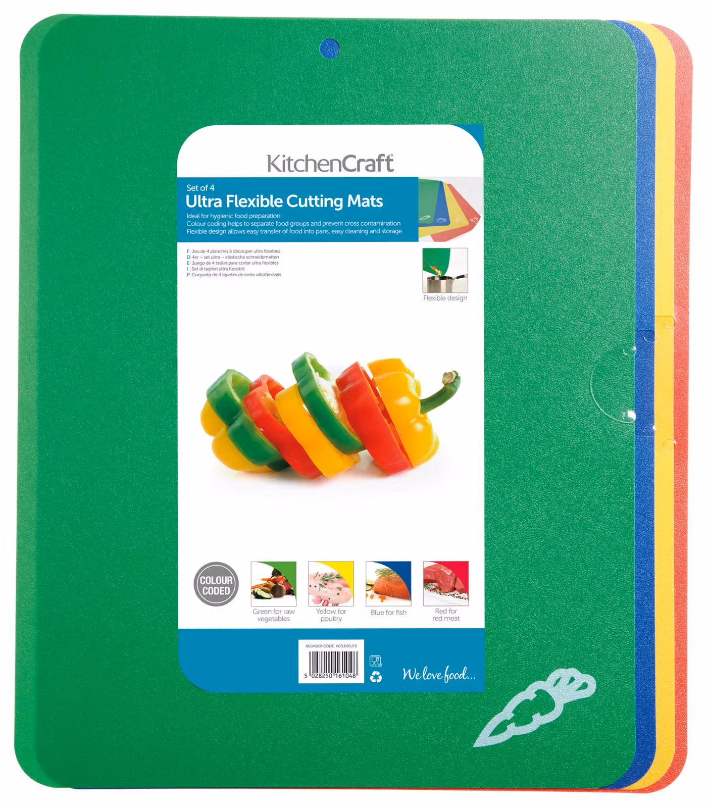 KitchenCraft Set of 4 Flexible Plastic Colour-Coded Chopping Boards, Multicolour, W: 38 cm, D: 38 cm, H: 0.21 cm – 4