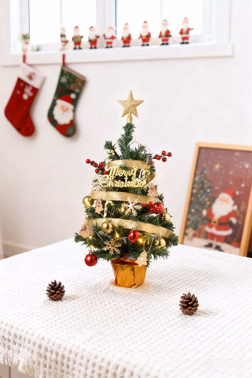 Living and Home 61cm Green and Gold Mini Pre-Lit Tabletop Christmas Tree with Star Topper, Ribbon and Ornaments – 2