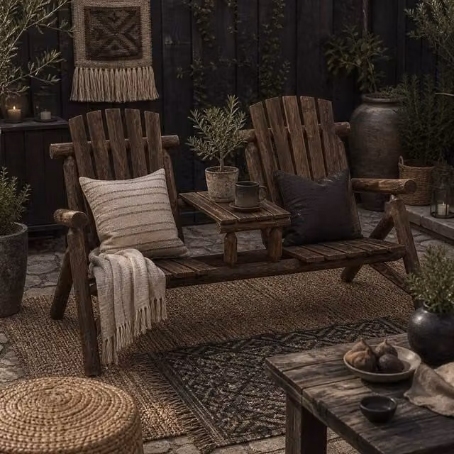 Wyld Haus Basaveva Fir Jack & Jill 2 Seater Garden Bench Centre Table in Brown – 1
